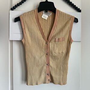 CHANEL CC Vintage Knit Vest Sweater Tan Beige Button Down 40